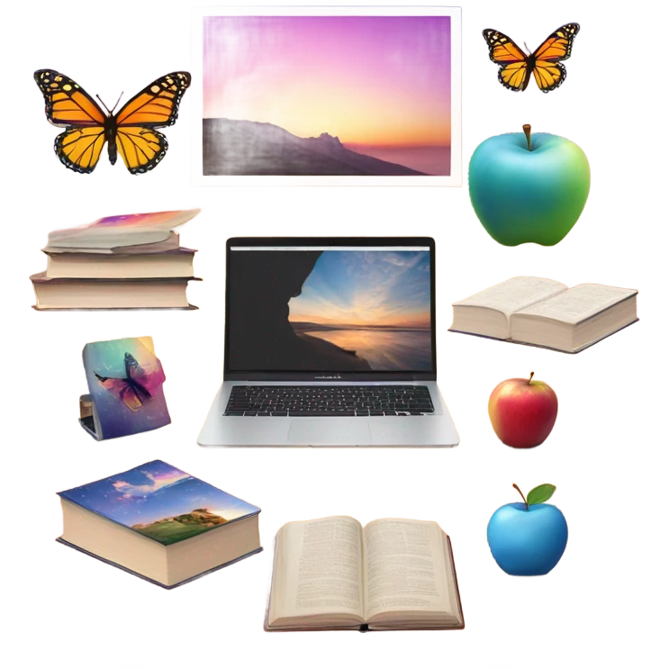 A vision board with images of a Apple laptop, sunrise, books, butterfly  emoji