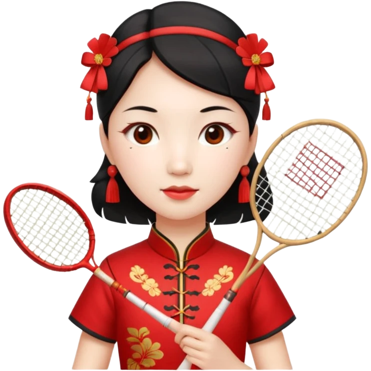 ancient geongsam girl with 1 badminton racket, red emoji
