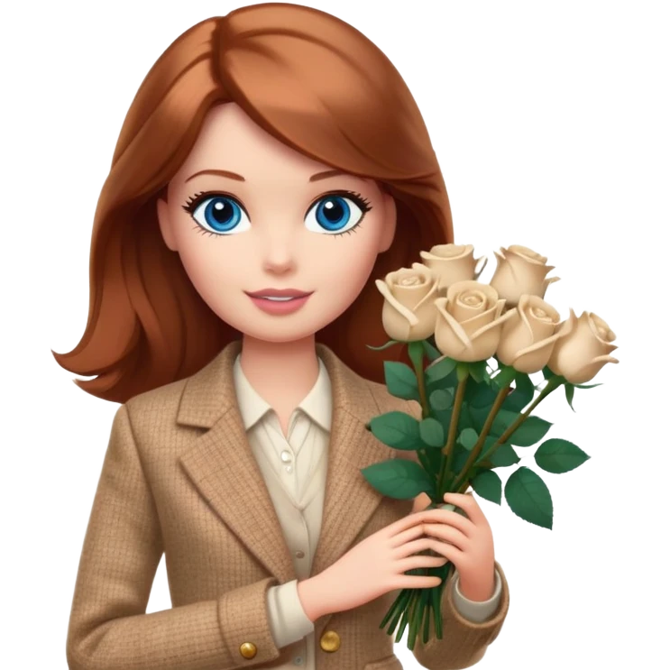 A Barbie girl with blue eyes, shoulder-length reddish-brown hair, made-up, wearing a beige tweed jacket and a beige skirt, with a bouquet of 9 white roses emoji