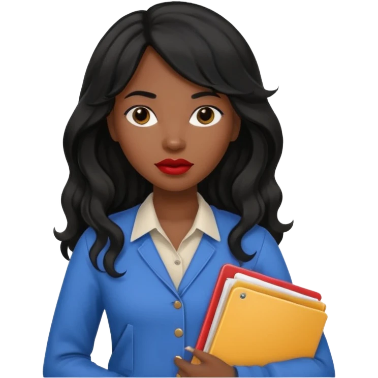 A young woman with long black hair, a wavy frange falling on half of her head. There's a long wavy stretch of hair falling on the side of her head. She's black, medium to dark skinned with thick lips. She's holding folders, and she's a CEO, but she's wearing casual clothes. emoji