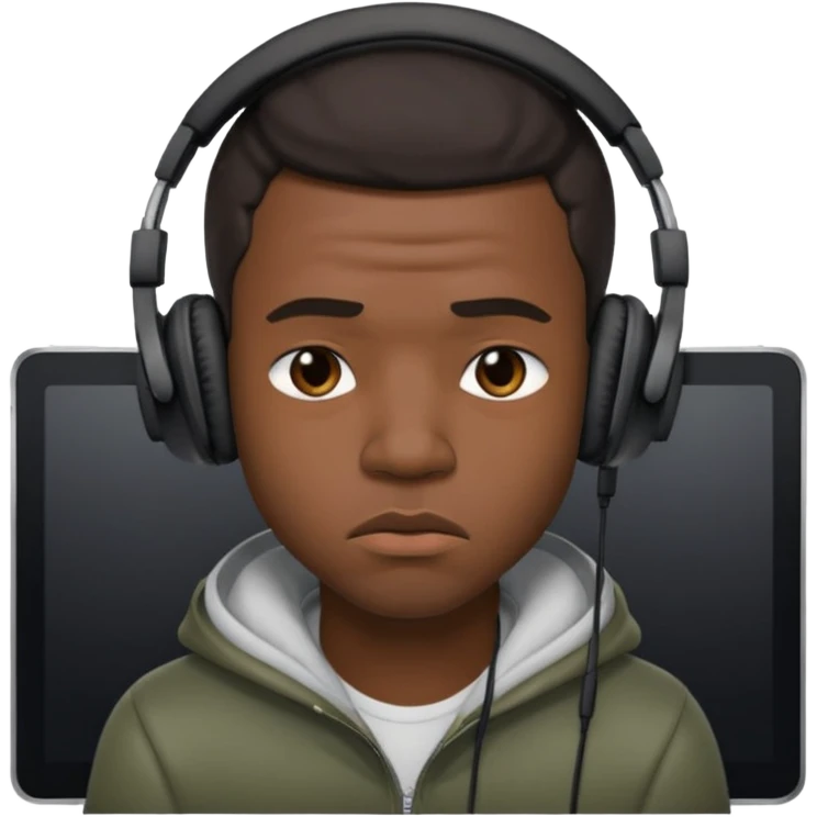 A 25-year-old black man with headphones on and pouting.Pout the lip emoji