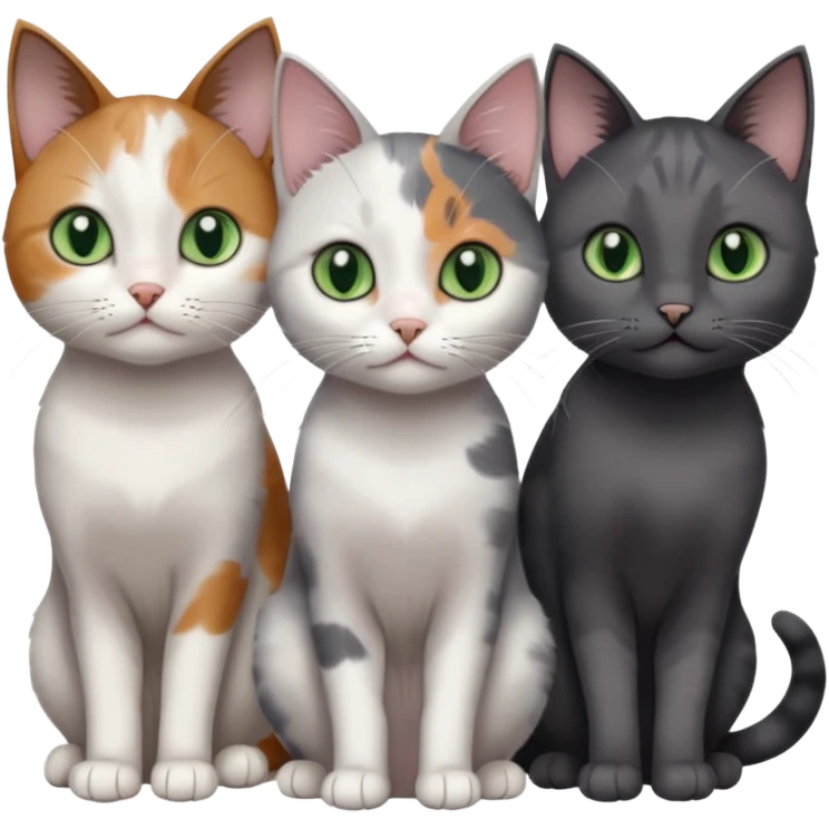 3 different coloured small cats including a dark grey and white, and a patchy calico and a completely solid dark grey with green eyes and only white paws emoji