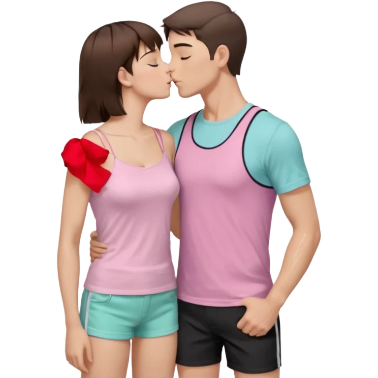 A couple, mid-20s, standing close and kissing. Man: short brown hair, clean-shaven, wearing a plain pastel pink t-shirt and dark shorts. His left arm is wrapped around the woman’s waist. Woman: long straight brown hair, wearing a black sleeveless glittery top with thin straps and a black skirt.  emoji
