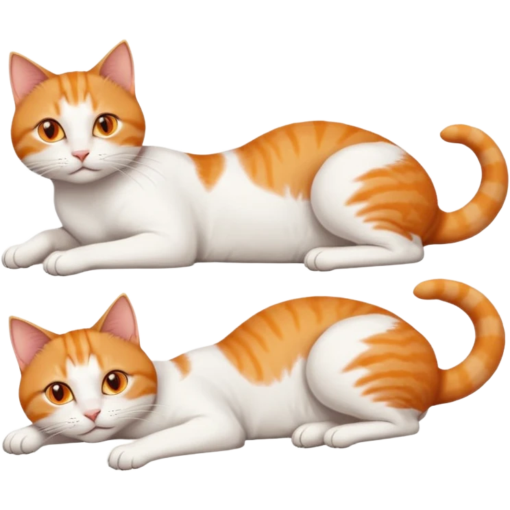 ginger and white cat with orange eyes doing a big extremely long stretch reaching up into the air with arms and legs side by side together straight and overextended whilst lying on its side emoji