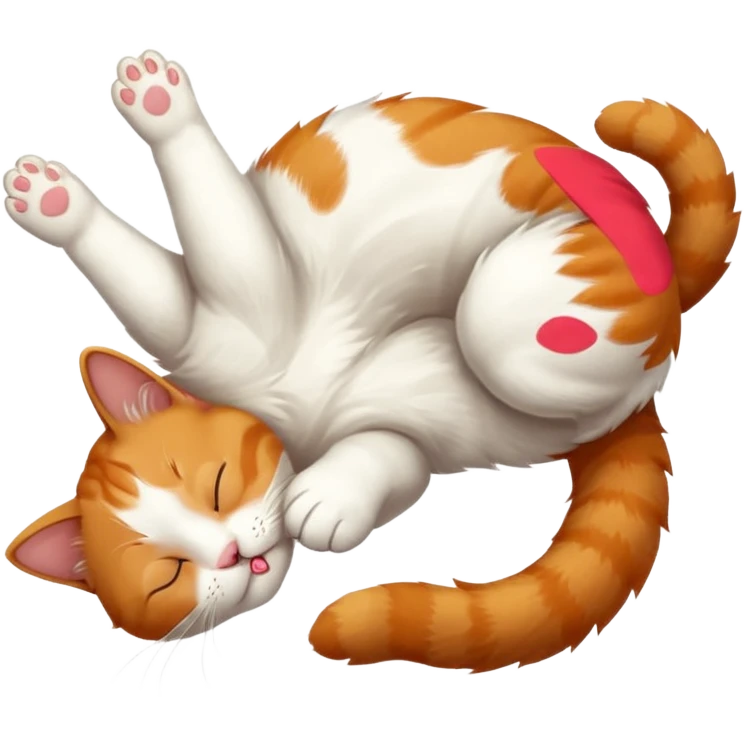 ginger and white small cat eyes closed lying down upside down with paws stretched out in different directions emoji
