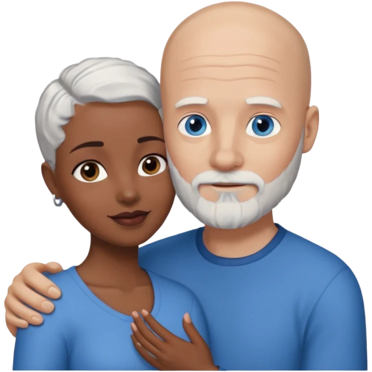 Talk bald white man with a white beard and blue eyes lovingly holding a black woman with brown eyes and grey hair emoji