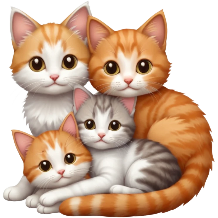 3 tiny kittens cuddling together all different colours, the first one is grey and white, the second is ginger and white and the third is brown tabby and white emoji