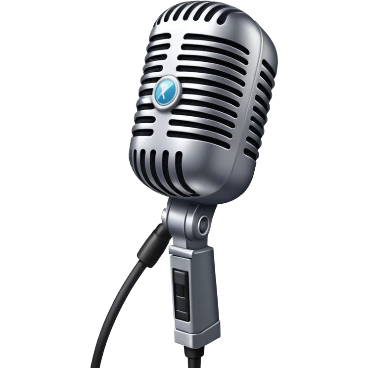 reate a vibrant and dynamic emoji that represents pop or stage vocal performance. The design should feature a close-up of a classic stage microphone (retro-style) with a lanyard, set against a stage background without people.  emoji