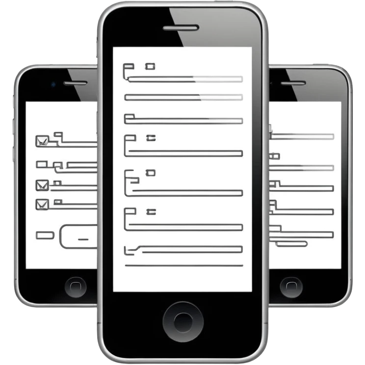 Minimalistic flat vector icon, iOS style, thin black contour on white background. Three small developer silhouettes around a smartphone with code brackets <>. Clean, no text, no shadows. emoji
