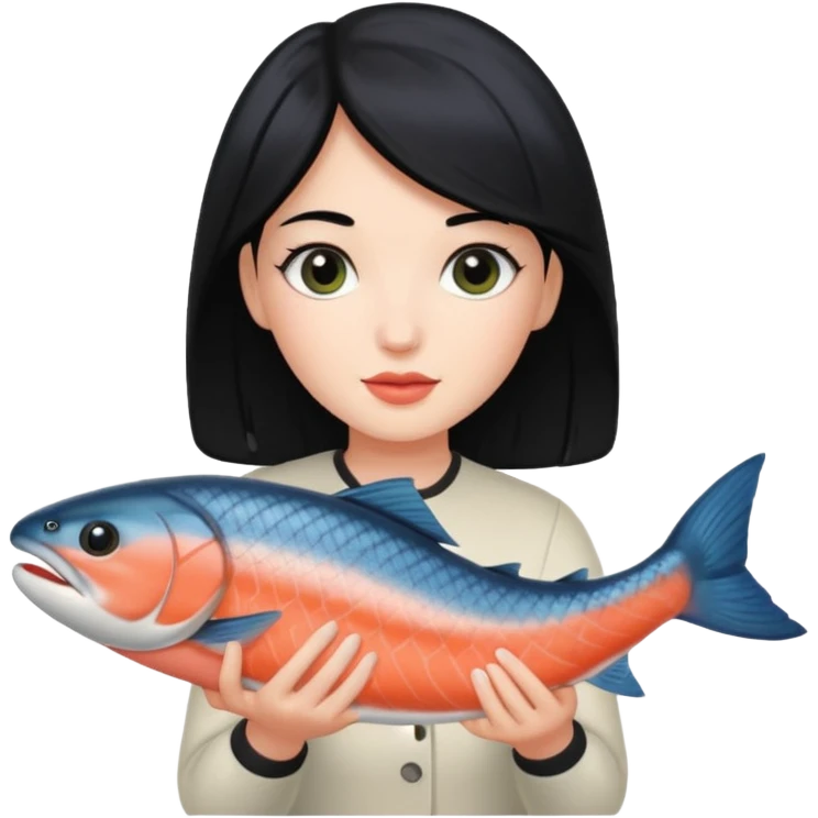 White lady with black hair holding a salmon  emoji