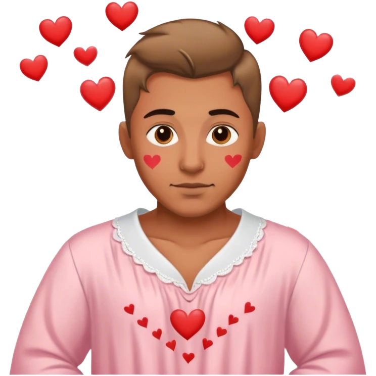 Happy man in nightgown with hearts around him. He has a tattoo emoji