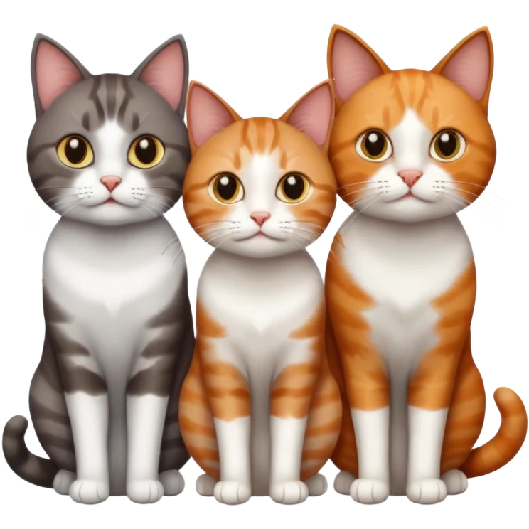3 different coloured short haired cats, including a dark brown tabby and white cat, and a dark grey and white and a ginger and white emoji