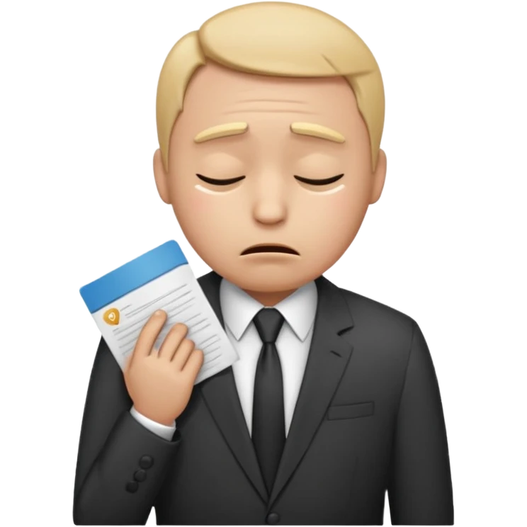  emoji character wearing a interview clothoes. face has a very sad crying, disappointed expression with drooping eyebrows and half-closed eyes. posture is dejected, with slumped shoulders. just rejected from  interview to get a job, holding CV. dont make it old person and dont specify any gender. emoji