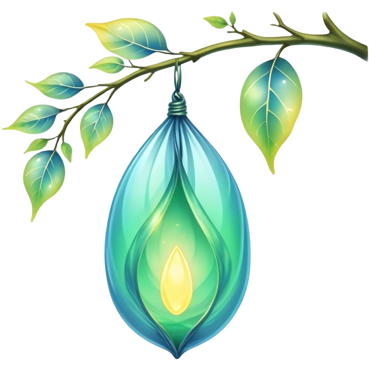 ethereal magical cocoon hanging from a branch, glowing green-blue cocoon, yellow magical aura, translucent, magical symbol, soft curves, gentle green-blue hues emoji