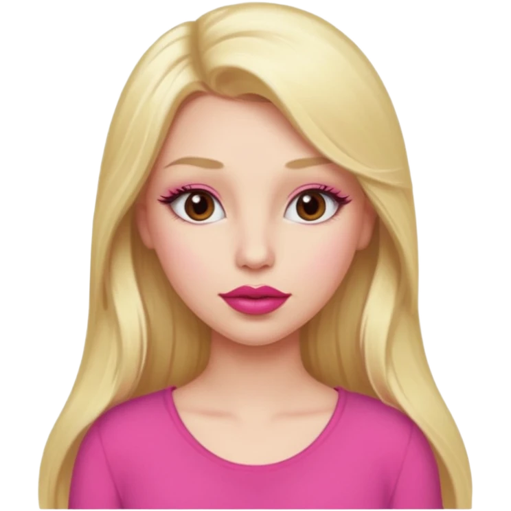 a girl with long eyelashes a pink outfit, long blonde hair, and big lips with red lipstick emoji