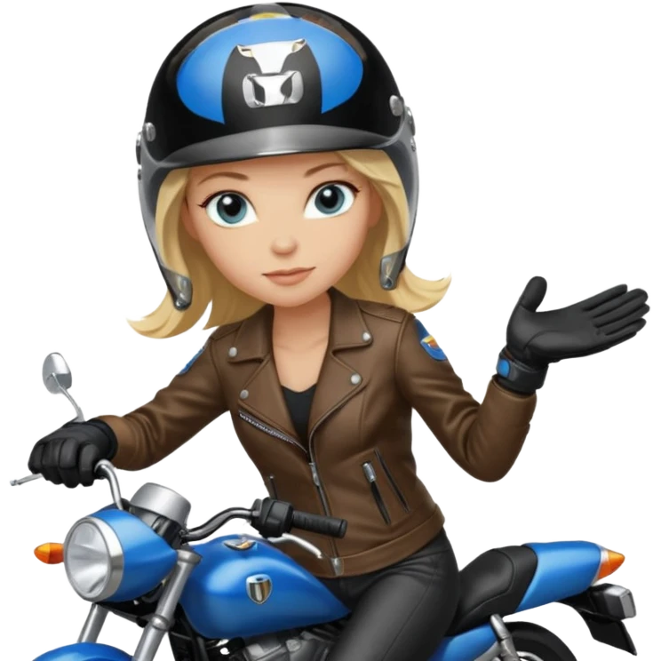 moça loira de cabelo comprido e olhos azuis com capacete em moto honda 150 preta em cima da moto emoji