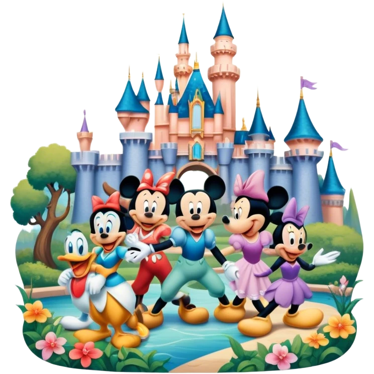 A vibrant collage featuring iconic characters like one Goofy, one Mickey Mouse, one Ariel, one Jasmine and one Franco. Each character should be large and bright, set against a cheerful and playful background with Disneyland. Transparent background. emoji