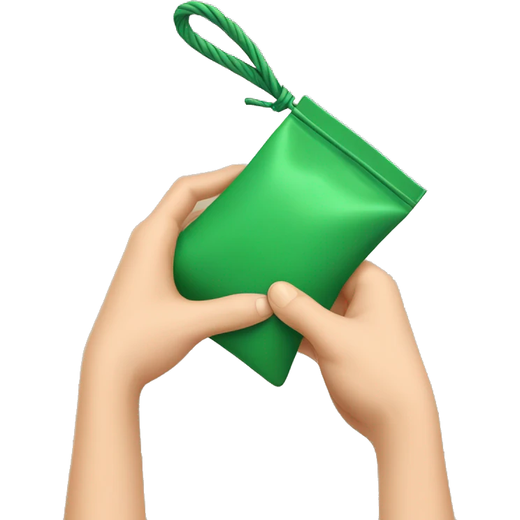 hand holding up a green pouch that is tied with brown string emoji