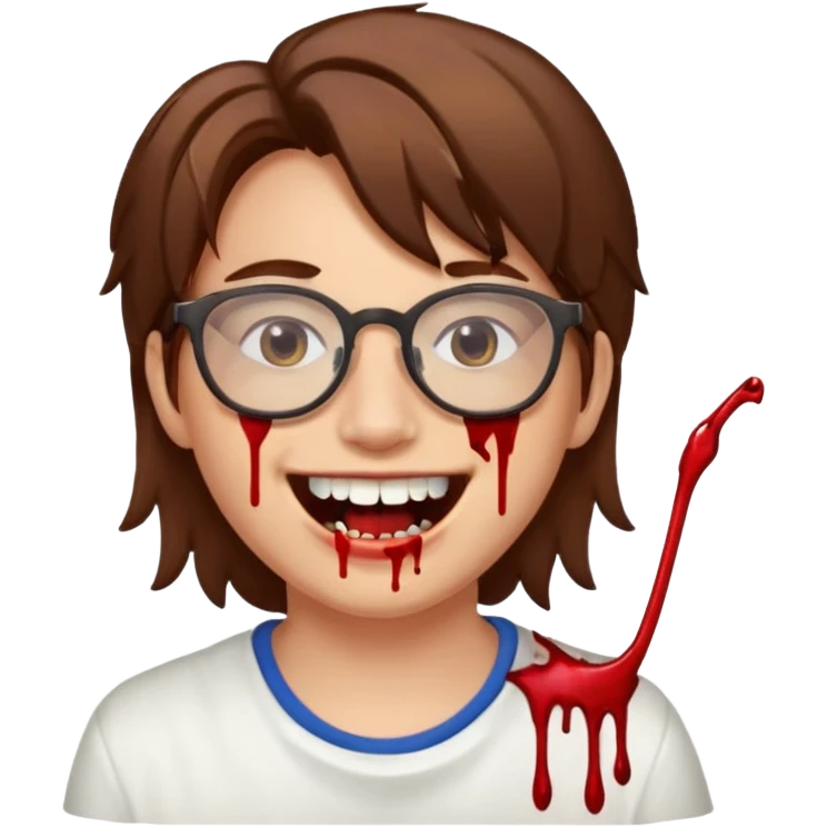 Cabelo bagunçado com oculos sorrindo com metade do rosto com dente de ouro e saindo sangue da boca  emoji