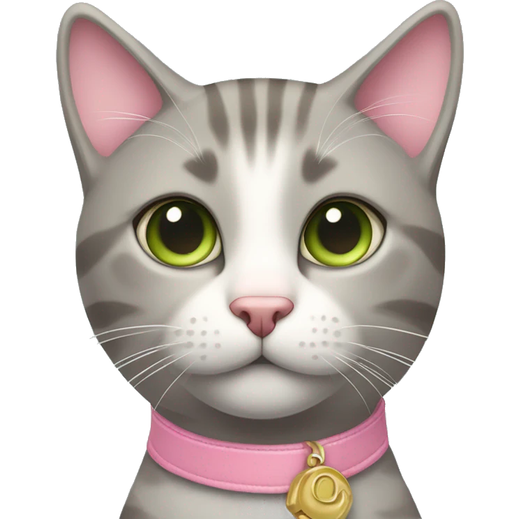 grey and tan cat with cream pattern on her forehead. Pink collar with pink bell.  Green eyes and a pink nose emoji