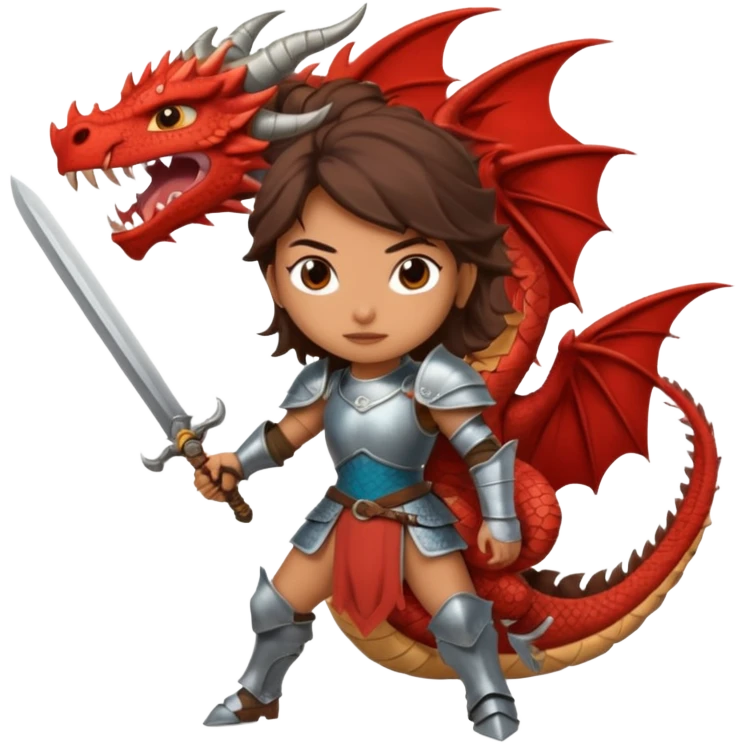 Fierce Latina in armor with a sword after a battle cutting off the head of a dragon emoji