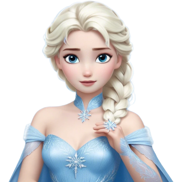 Cinematic Realistic Elsa Portrait, depicted with lifelike skin texture, soft natural lighting, and intricately detailed platinum blonde hair styled elegantly. Her striking, expressive blue eyes exude confidence and grace, complemented by a serene and regal expression. She holds a shimmering snowflake delicately in one hand, her other hand resting against her gown, embodying the power and beauty of winter. She is dressed in her signature icy attire, with shimmering fabric textures and delicate folds that catch the light beautifully. The portrait features a soft, enchanting glow with a cool, radiant finish, capturing the essence of timeless elegance in a realistic and painterly style. emoji