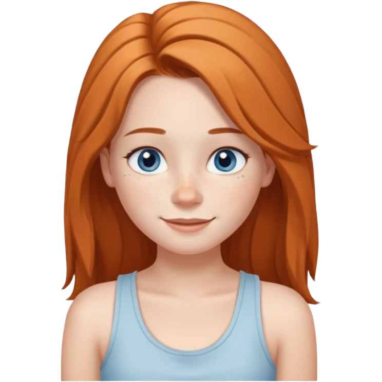 Una chica de tez blanca con pecas, nariz respingada, labios gruesos, ojos grandes color azul grisáceo, pelo largo, lacio, color avellana. Con una blusa de tirantes blanca. Que este sonriendo y q solo se vea de la cintura hacía arriba emoji