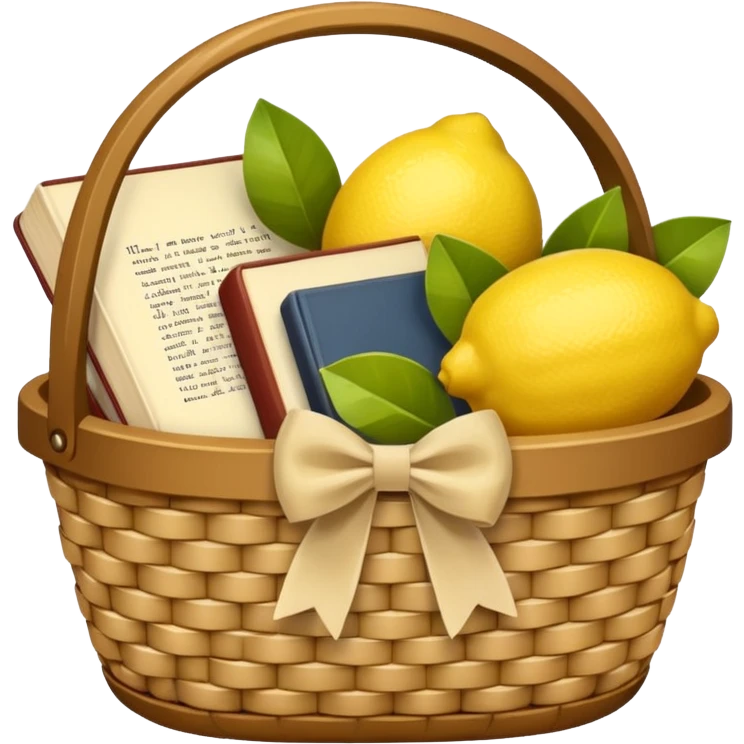 Basket with a beige bow and books and lemons emoji