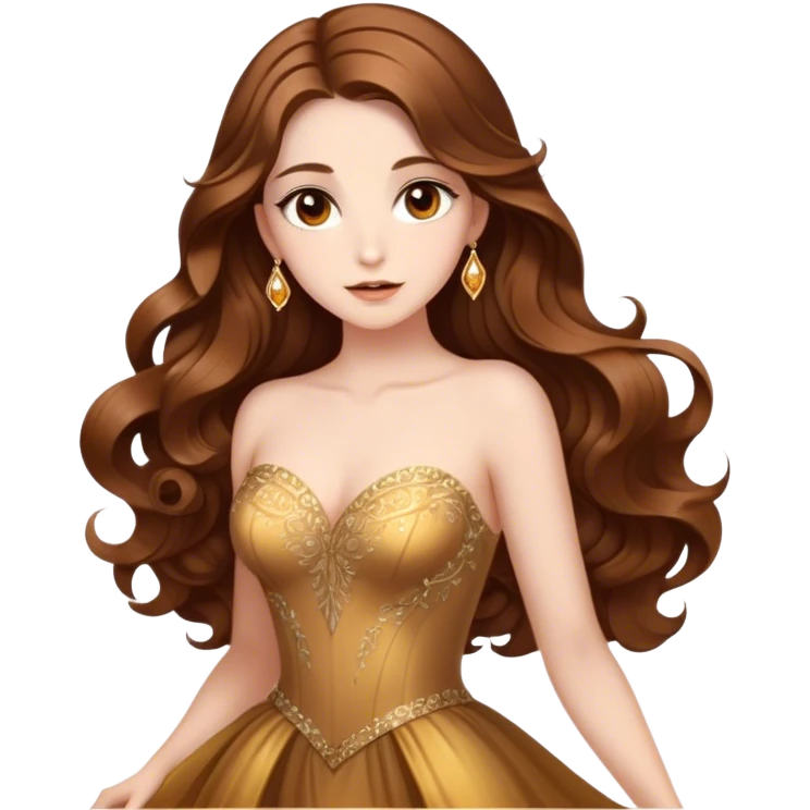 Cinematic Stunning Belle Portrait Emoji, Deep brown eyes full of curiosity, long chestnut hair flowing in soft waves, wearing her golden ballroom gown, glowing with warmth and elegance, a princess whose beauty is as radiant as her mind! emoji