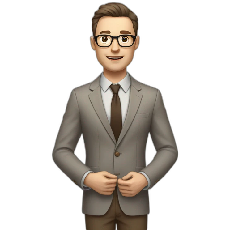 Full height Actively Gesturing Pale skinned fit man with dark brown hair in gray jacket, beige office shirt, brown tie, brown pants and vintage glasses. emoji