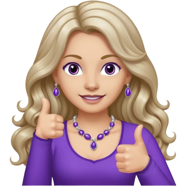 lady with long wavy русые hair, purple top, коричневыми eyes, thumbs up, с бусами белые и серебром на шее emoji