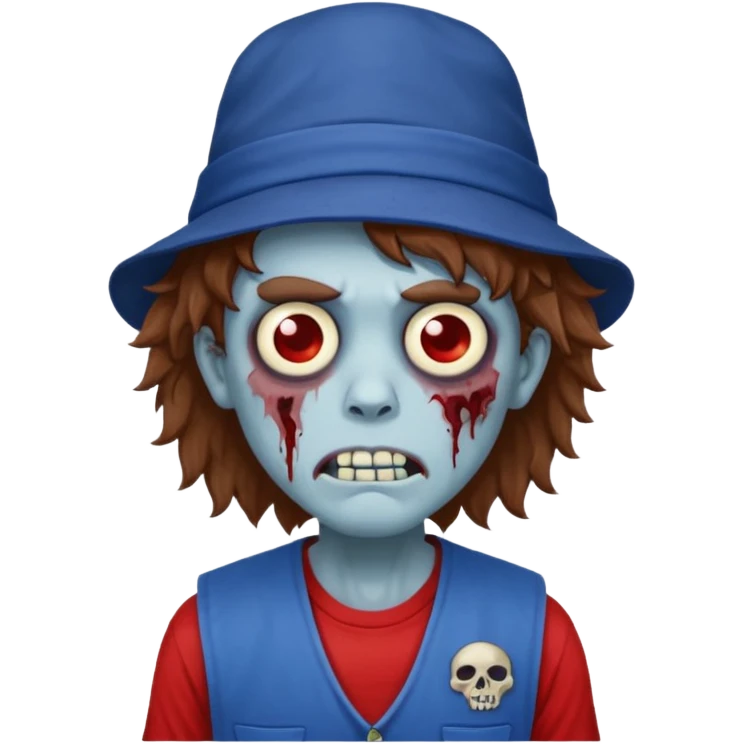 brown fluffy hair zombie with blue and white hat dark blue jilet red t shirt emoji