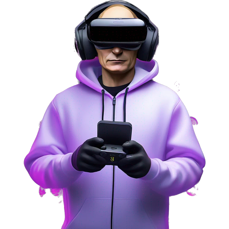 Vladimir Putin wearing a black hoodie with "OMG" letters on it and VR headset oculus quest 2 in a cyberpunk VR environment with violet neon lighting. emoji