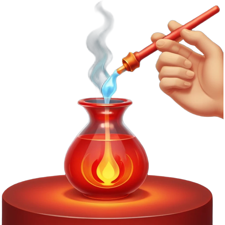 Glassblowing and casting icon, molten glass being shaped into a delicate object with a blowpipe, glowing red-hot glass being poured into a mold, unfinished glass sculpture, minimalistic style, clean lines, transparent background. emoji