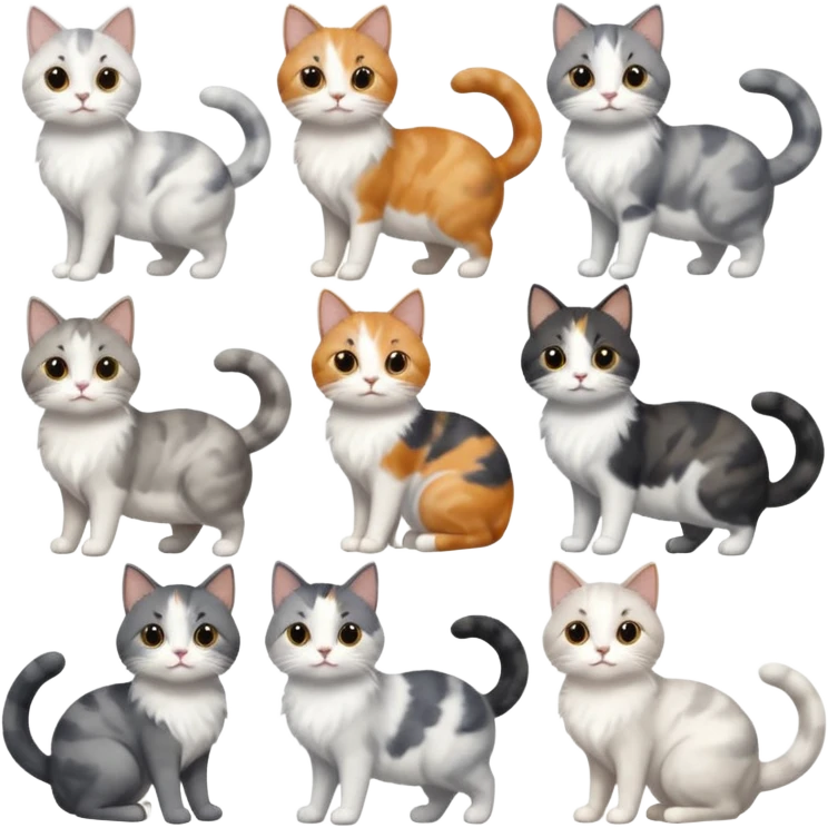 6 realistic looking cats with different natural coloured coats, assorted grey and white, greys, calico, brown and white colours etc
 emoji