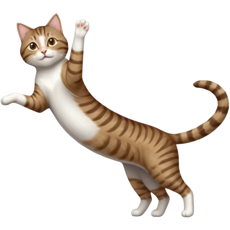 brown tabby and white cat with doing a big extremely long stretch reaching up into the air with arms and legs side by side together straight and overextended whilst lying on its side emoji