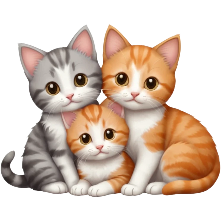 3 tiny kittens cuddling together all different colours, the first one is grey and white, the second is ginger and white and the third is brown tabby and white emoji