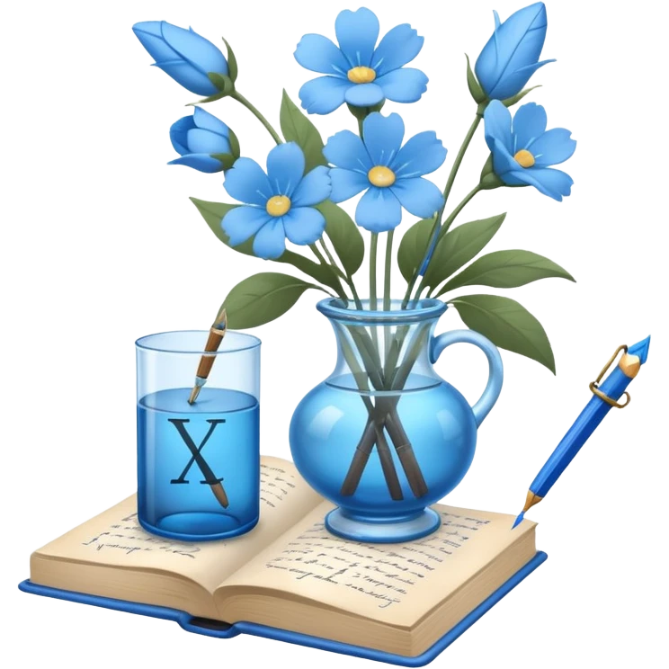 old blue book with light blue flowers in a glass vase and a writing quill, simple and clear composition, iOS style emoji emoji