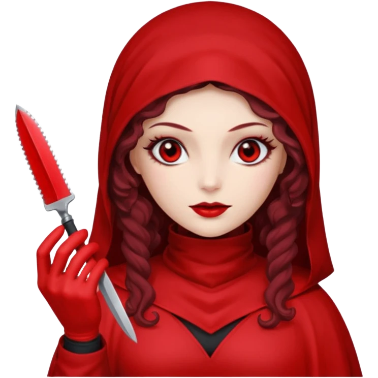 Lilith scalpel in hand, evil surgeon outfit.  She has red eyes. She has dark brown curly hair. Hair is long . Wears sexy doctor outfit with red gloves. Clears, mouth with Muslim red burka emoji