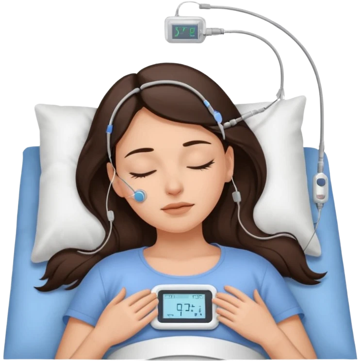 brunette woman sleeping polysomnography sleep test with electrodes attached to head emoji