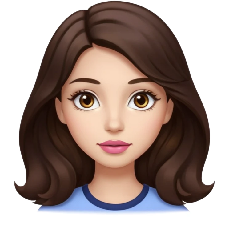 girl with wavy long dark brown hair, brown eyes, light to medium complexion, long lashes, almond shaped eyes, light pink lipstick, square shaped face emoji