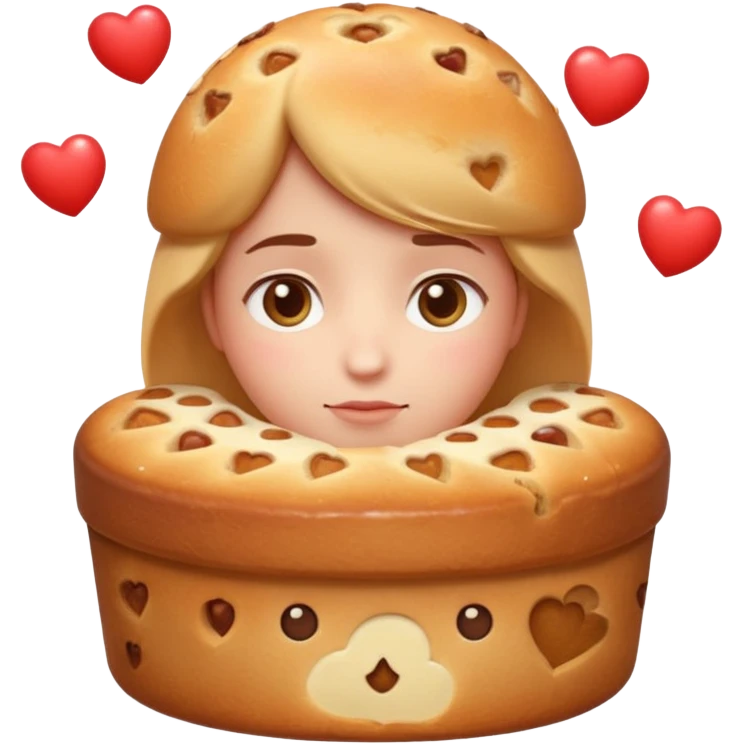 Apple-style emoji illustration of a cuteperson  with dreamy eyes thinking of a traditional panettone, small hearts floating around, soft 3D emoji style, smooth gradients, rounded shapes, warm festive colors, simple expression, centered composition, transparent background, no text. emoji