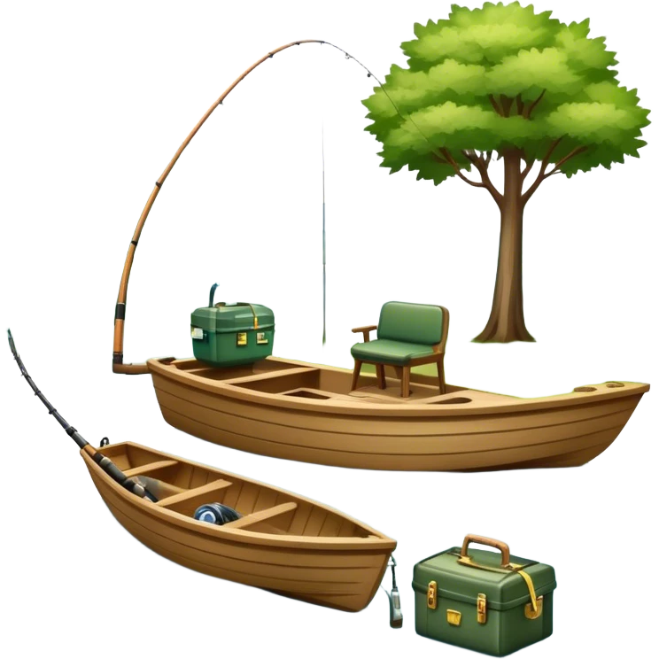 Icon for Fishing: a boat on the shore of a serene lake, including trees and water, with a scenic natural background, a fishing rod and tackle box. The icon should represent the peacefulness of fishing. Transparent background, no border. emoji