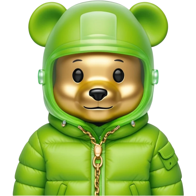 bearbrick with lime green balaclava that has built-in panoramic visor lens directly in eye area, single continuous shield integrated into the mask, not separate glasses, puffy jacket with fur, gold chains emoji