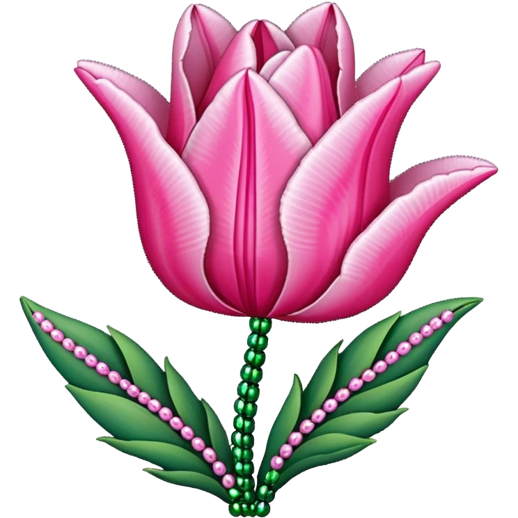 french beaded pink tulip flower with 2 leaves, handmade with glass beads, no background emoji