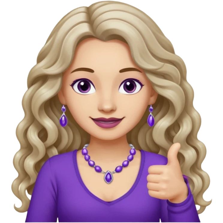lady with long wavy русые hair, purple top, коричневыми eyes, thumbs up, с бусами белые и серебром на шее emoji