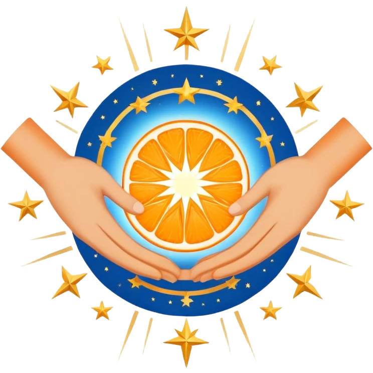 Two hands (orange and blue) shaking, surrounded by radiating lines and stars. Clean, minimalist style. Colors: orange (energy), blue (trust), gold highlights. Symbolizes teamwork, unity, and shared success. emoji