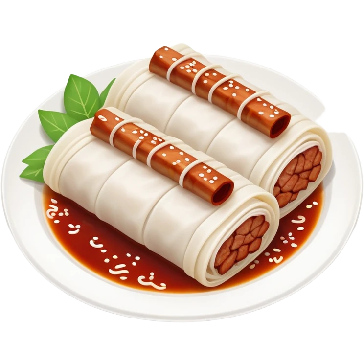 BBQ pork rice noodle roll Char Siu Cheung Fun with reddish meat filling, simplified emoji style with bold outlines and bright colors, cartoon style Guangdong breakfast favorite emoji