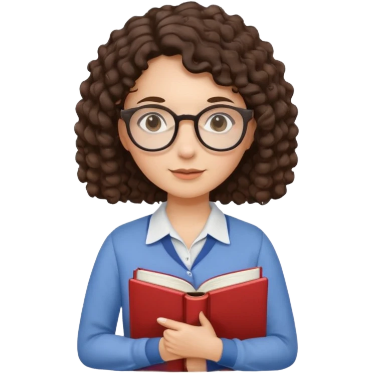 female English teacher with glasses and wearing a shirt, holding an English book. I have dark brown a little curly hair. My glasses are rather round than square shape. emoji
