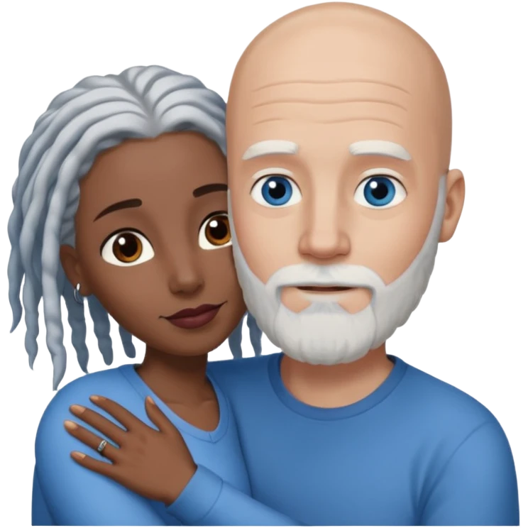 Tall bald white man with a white beard and blue eyes in a lovingly embrace with a black woman with brown eyes and grey hair dreads emoji